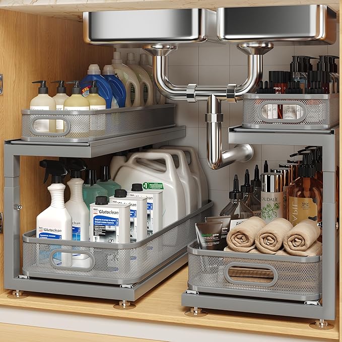 Biboraya 2-Pack 21.3 IN Depth Under Sink Organizer With Next-Gen Ball-Bearing Slides,Sophisticated Mesh 2-Tier Pull Out Shelf for Kitchen & Bathroom,Fits Small Items-Gun Gray