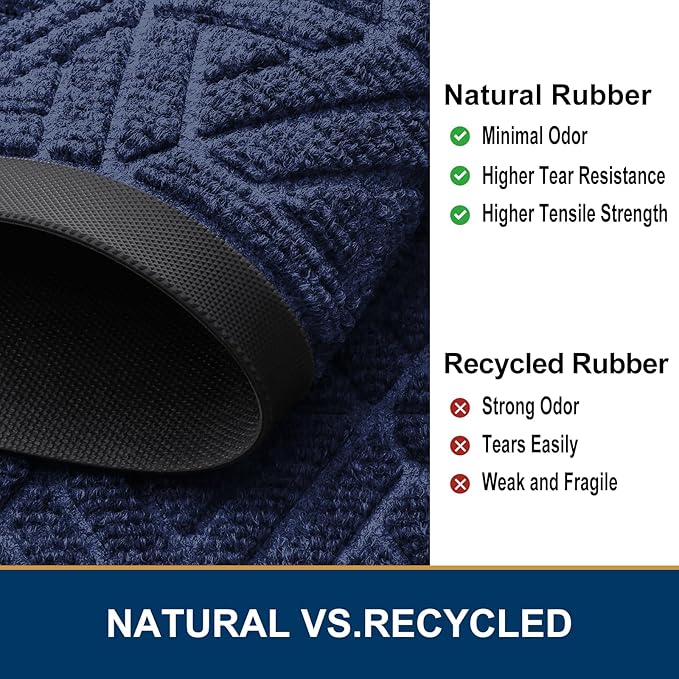 Smiry Front Door Mat Outside Entrance, Heavy Duty Sturdy Natural Rubber Doormat, Trap Dirt and Moisture, Easy Clean Low Profile Mats for Indoor Outdoor Entry, Grid Geometric (71x47, Navy Blue)