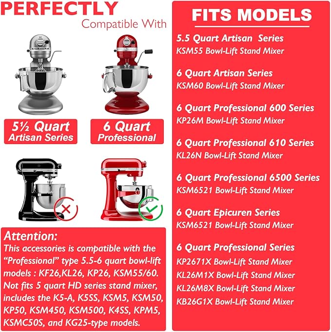 Wiselet Stainless Steel Accessories for KitchenAid 5-6 Qt Bowl-Lift Stand Mixer, Includes 6 Wire Whisk, Beater, Dough Hook, Dishwasher Safe and Heavy Duty, fits for KP26, KL26, KB26, KSM55/60