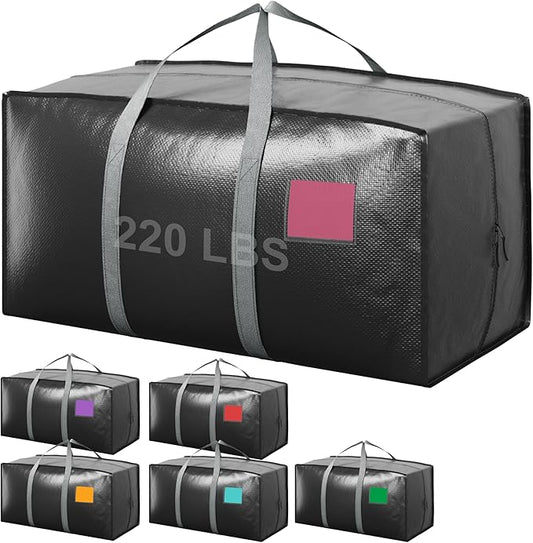 6 Pack Extra Heavy Duty Large Moving Bags with Reinforced Zipper & Wide Handles, Waterproof Storage Bins for Clothes, College Dorm, Travel, and Home Organization, Gray