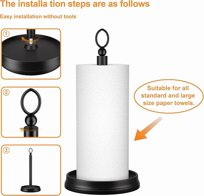 Kasunto Standing Paper Towel Holder, Non-Slip Paper Towel Roll Holder for Bathroom, Stainless Steel Kitchen Paper Towel Stand Countertop (Matte Black, 2 Pack)