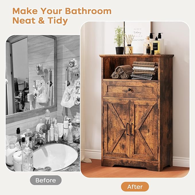 Viroformo Floor Cabinet, Farmhouse Storage Cabinet with Barn Doors and Drawer, 11.81" D x 23.62" W x 39.37" H Rustic Brown Freestanding Adjustable Shelf Organizer for Bathroom, Kitchen, Living Room
