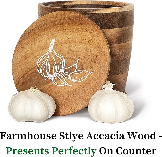 Jean Lemond Introducing The Always Fresh Acacia Garlic Keeper For Counter. A Crafted Large Garlic Storage Jar. A Rustic Garlic Holder Container Pot Saver.