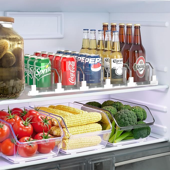 Drinks Organizer for Fridge and Pantry, Soda Can and Bottle Dispenser for Refrigerator with Automatic Pusher Glide, 5 Rows Holds Up to 25 Cans