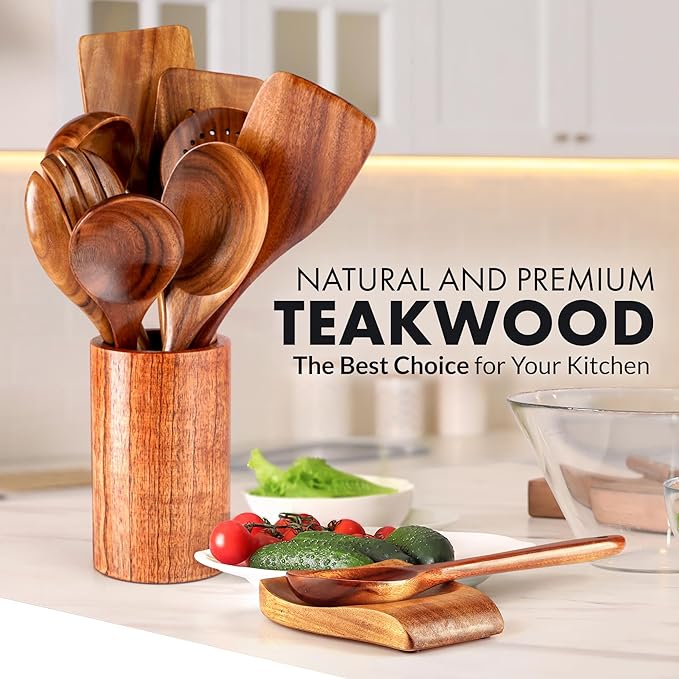 Zulay Kitchen 10-Piece Wooden Spoons for Cooking - Smooth Finish Teak Wooden Utensils for Cooking - Soft Comfort-Grip Wood Spoons for Cooking - Non-Stick Wooden Cooking Utensils - Wooden Spoon Sets