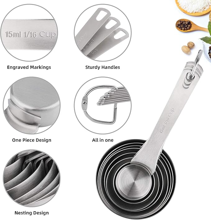 Zoyizi Measuring Cups Set, 18/8 (304) Stainless Steel Measuring Cups Set 9, Metal 8 Measuring Cups with 1 Magnetic Conversion Chart, Metric Measuring Cups with 1/8 & 3/4 Cup for Baking & Kitchen