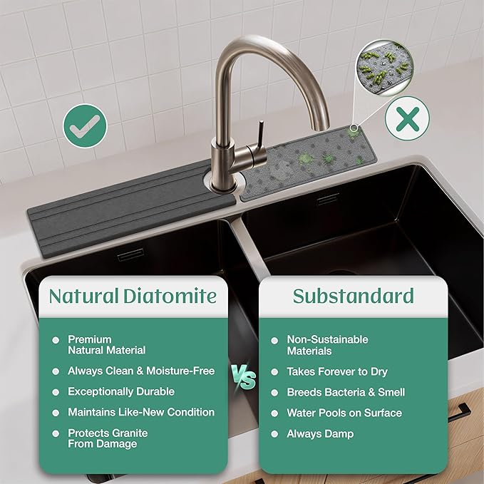Stone Faucet Mat for Kitchen Sink Splash Guard 23.6" x 3.9" with 2.5" Center Hole | Dark Grey Diatomite Drying Stone Mat | Non-Slip Stone Tray for Kitchen Counter with Premium Texture