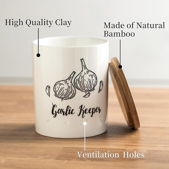 LYEOBOH Garlic Keeper, Garlic Storage, Garlic Holder, Large Ceramic Garlic Keeper with Wooden Lid, Garlic Jar, Garlic Storage Container, White