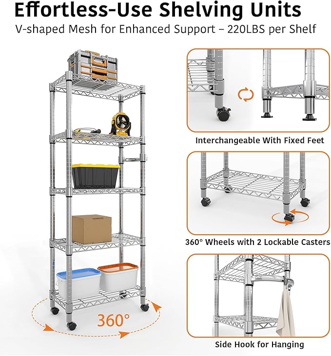 5-Tier Metal Storage Shelving Unit with Wheels, Adjustable Wire Shelf Rack with Side Handle, Stable Metal Shelves Organizer for Pantry, Kitchen and Closet,11.8" W x 23.6" D x 61" H