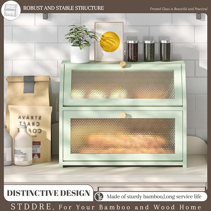 STDDRE Bread Box for Kitchen Countertop Bin Double Layer Bread Box Storage Container Extra Large Capacity Farmhouse with Diamond Pattern Windows (Green, Large)