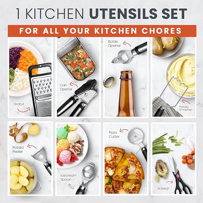 40PCs Silicone Cooking Utensils Set 446℉ Heat Resistance, RFAQK BPA Free Kitchen Utensils Set for Nonstick Cookware, Gadgets includes Can Opener, Potato Smasher,Peeler,Tongs,Spatula Set,Pizza Cutter