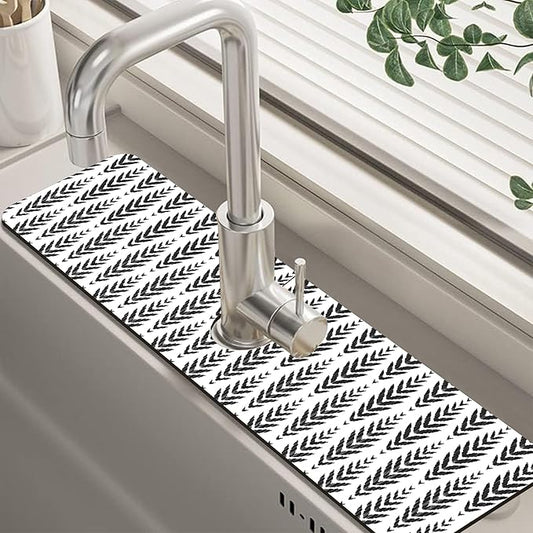 Bohemian Ethnic Herringbone Dish Drying Mat for Kitchen Sink Splash Guard Behind Faucet Sink Mat Absorbent Fast Drying Faucet Draining Mat for Bathroom Kitchen 5.5"×24"