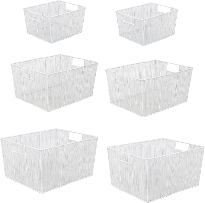 happimess BSK3000B-6SET Sutton Modern Glam Nesting Wire Metal Storage Baskets for Shelves, Cabinets, Pantry, Countertop, Mesh Open Bin Basket for Organizing Supplies, White (Set of 6)