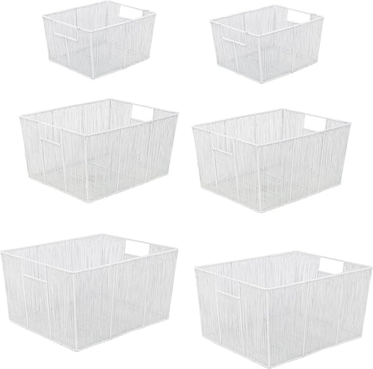 happimess BSK3000B-6SET Sutton Modern Glam Nesting Wire Metal Storage Baskets for Shelves, Cabinets, Pantry, Countertop, Mesh Open Bin Basket for Organizing Supplies, White (Set of 6)