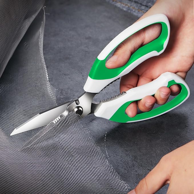 BoFuYuan 8-Inch Utility Scissors All Purpose Heavy Duty, Serrated Blade, Green Comfort Grip for Cutting Carpet, Cardboard, Leather, Fabric, Multipurpose Sharp Shears for Kitchen, Garden, Office, Carft