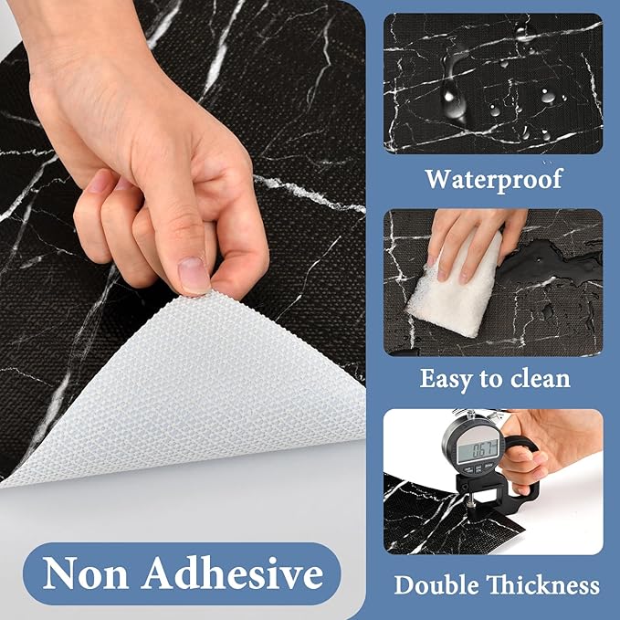 Drawer and Shelf Liner for Kitchen Cabinet: 17 in X 20 Ft Non Slip Waterproof Shelf Paper Non Adhesive Refrigerator Liners Black Marble Easy Liners for Bathroom with Knife Tape Measure