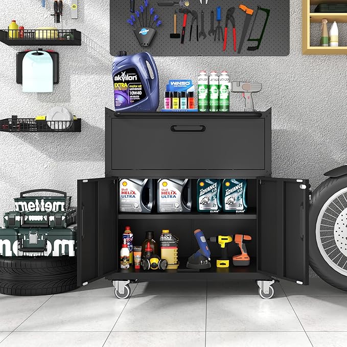 BIZOEIRON Metal Storage Cabinet with Wheels, Lockable Garage Storage Cabinet with 2 Doors and 1 Drawer, Rolling Tool Cabinet, Assembly Required, Black