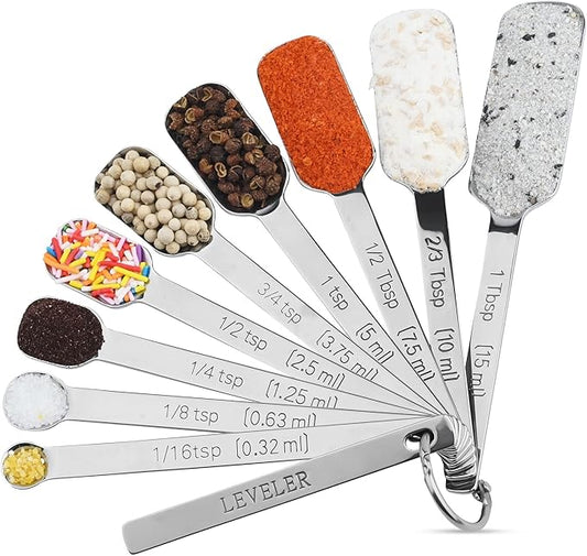 zoyizi Measuring Spoons Set 10, 18/8 Stainless Steel Measuring Spoons for Kitchen & Baking, Long Handle Metric & US Metal Measure Spoon with 1/16tsp, 3/3tsp, 2/3tbsp for Spice Jar