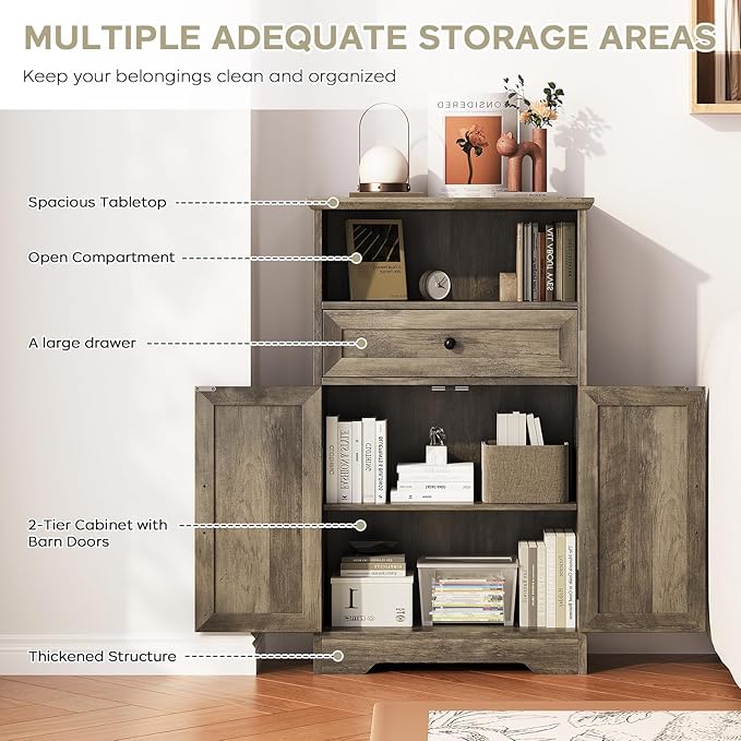 Viroformo Floor Cabinet, Farmhouse Storage Cabinet with Barn Doors and Drawer, 11.81" D x 23.62" W x 39.37" H Grey Freestanding Adjustable Shelf Organizer for Bathroom, Kitchen, Living Room