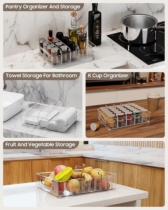 LYNG Lid Organizers Inside Cabinet, Clear Plastic Storage Lid Organizer With 4 Adjustable Dividers, Food Container Lid Organizer For Kitchen Pantry