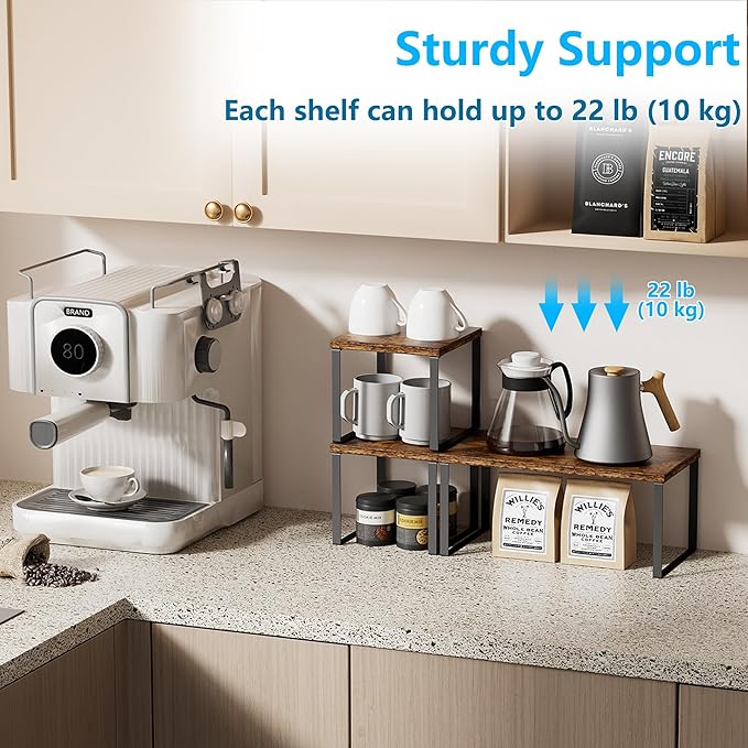 Golener Countertop Organizer Corner Shelf, 2 Tier Adjustable Stackable Corner Shelves for Kitchen, Bathroom, Spice Rack, Coffee Area, Cabinet, Dresser Table, Corner Counter Shelf Stand, Rustic Brown