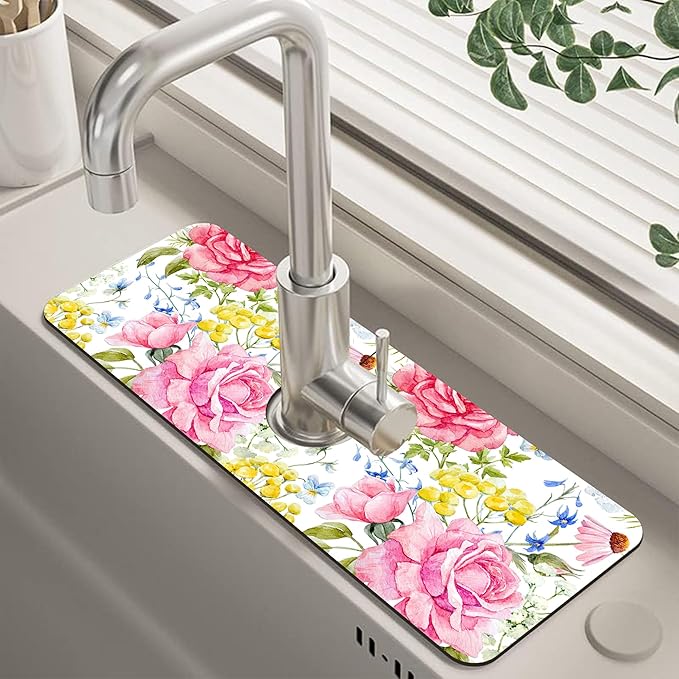 Watercolor Light Pink Floral Dish Drying Mat for Kitchen Sink Splash Guard Behind Faucet Sink Mat Absorbent Fast Drying Faucet Draining Mat for Bathroom Kitchen 5.5"×15"