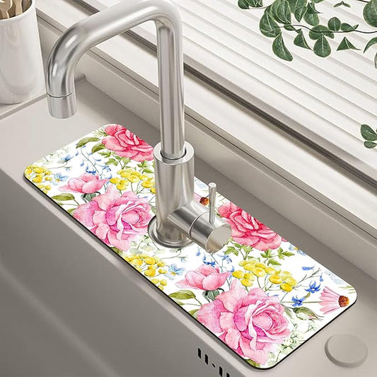 Watercolor Light Pink Floral Dish Drying Mat for Kitchen Sink Splash Guard Behind Faucet Sink Mat Absorbent Fast Drying Faucet Draining Mat for Bathroom Kitchen 5.5"×15"