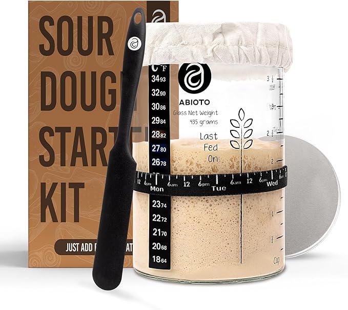 Sourdough Starter Jar Kit, Includes 34 oz Sourdough Starter Jar with Metallic Lid, Silicone Spatula, Feeding Tracker, Extra Thermometer Strips & Breathable Covers – Sourdough Bread Starter Kit