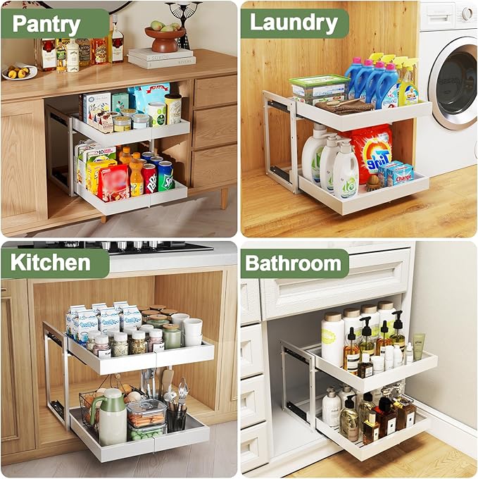 2 Tier Pull Out Cabinet Organizer ,Adjustable Width & Height, Expandable Pull-Out Drawers For Cabinets, Slide Out Shelves for Kitchen Cabinets / Countertop / Pantry,Heavy-Duty & Easy to Install(White)