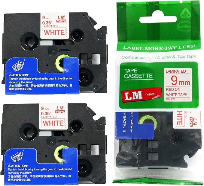 2/Pack LM Tapes - LMe222 Premium 3/8" Red Print on White Label Compatible with P-Touch TZe222 Tape and Includes Tape Color/Size Guide. Replaces Ptouch TZ222 9mm 0.35 Laminated.