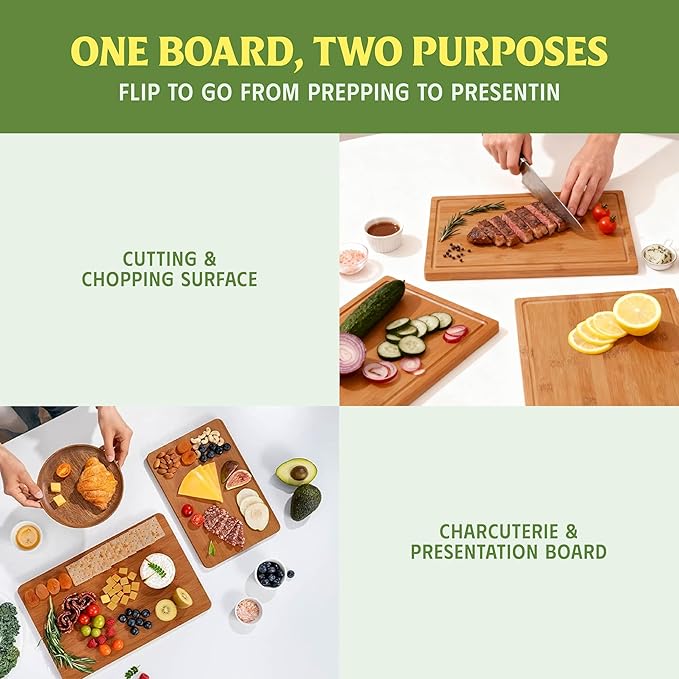 Vietnam Carbonized Bamboo Cutting Board Set of 2 with Holder, Non Toxic Reversible Boards with Juice Groove, Smooth Finish and Non Slip Feet, Handmade in Vietnam for Prep and Charcuterie