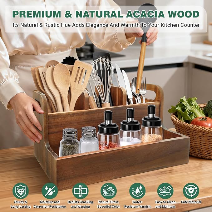 LAGOUPICK Kitchen Utensil Holder for Countertop with 4 Compartments Acacia Large Utensil Holder Wooden Storage for Cooking,Baking,Flatware Tool Kitchen Utensil Organizer