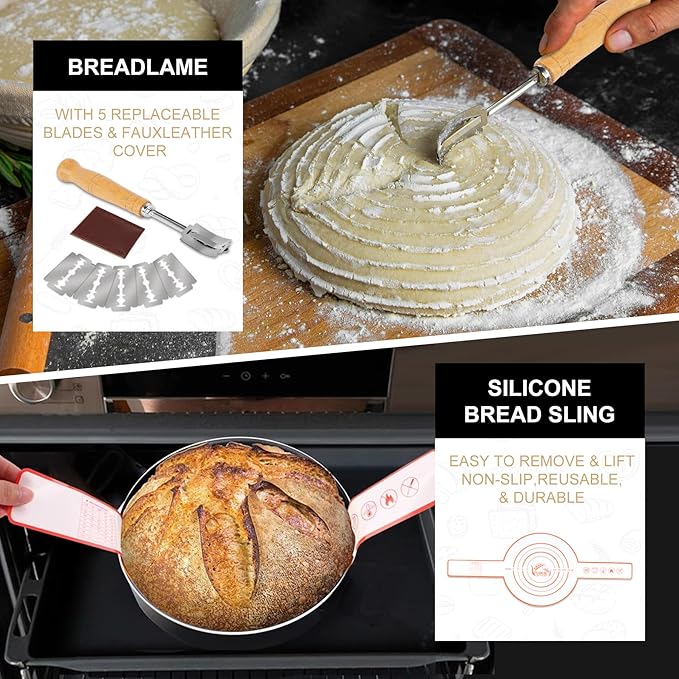 UDUK Sourdough Starter Kit with 2 Oval Banneton Proofing Baskets, 24oz Sourdough Jar, Silicone Pastry Mat, Bread Sling and Essential Tools for Sourdough Bread Making