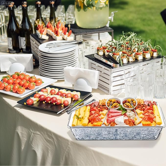 Baderke 1 Set 16" x 9.45" Chilled Serving Tray for Parties with Compartments and Lid Charcuterie Serving Board Ice Rectangle Chilled Party Platter for Seafood Vegetable Fruit Shrimp Cocktail(Silver)