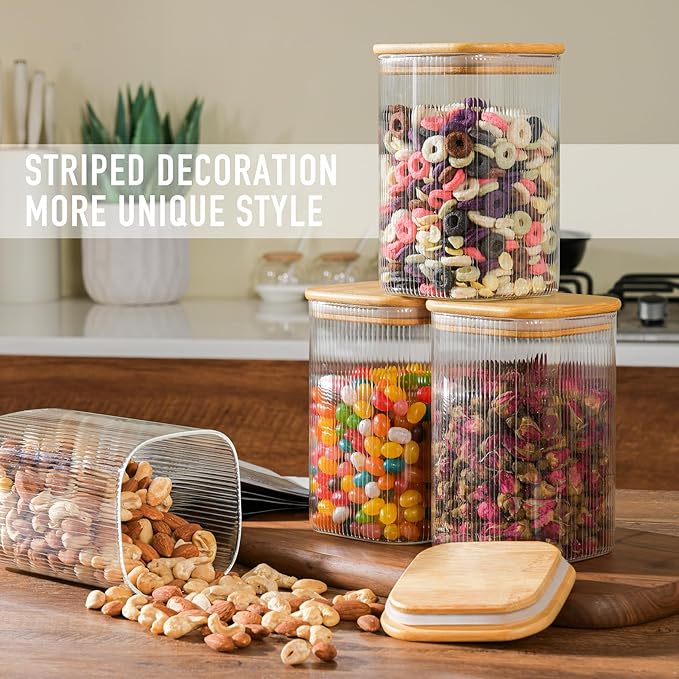 37oz Airtight Glass Square Storage Canisters with Bamboo Lids Set of 6 (1100ml) Striped Stackable Containers, Decorative Kitchen Jars for Tea, Nuts and Coffee (‎with Black Lable)