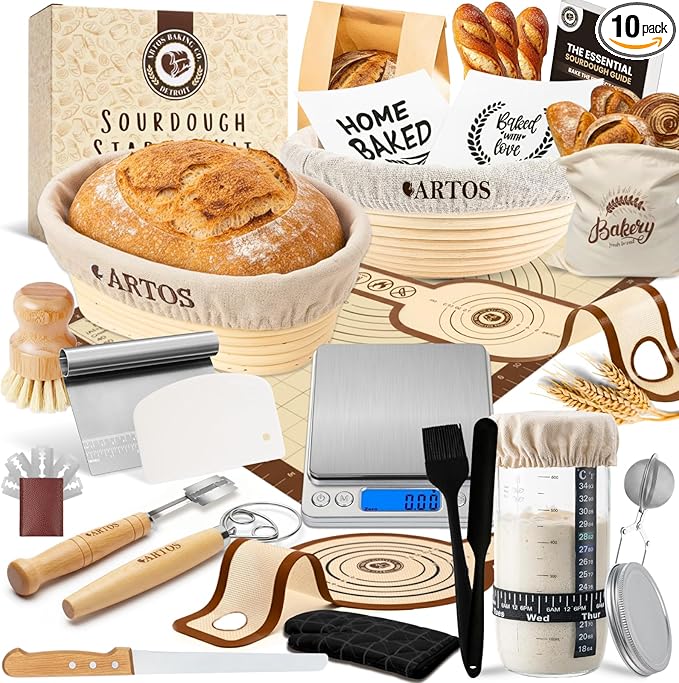 ARTOS ULTIMATE Sourdough Starter Kit | Banneton Bread Proofing Baskets with Bread Making Tools | Sourdough Bread Baking Supplies with Silicone Slings, Mat, Whisk, Scrapers Lame, Jar, Scale & Many More