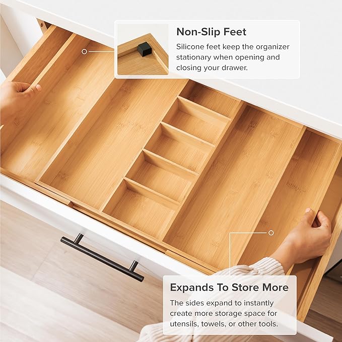 KitchenEdge Adjustable Kitchen Drawer Organizer for Utensils and Junk, Food-Safe Contract Grade with 100% Sustainable Wood, Expandable from 19 to 33 Inches Wide - Natural Bamboo