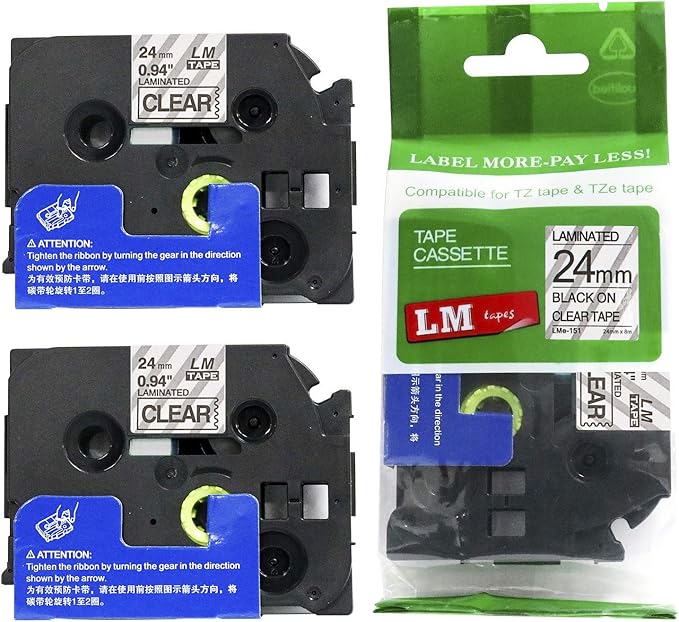 2/Pack LM Tapes - LMe151 Premium 1" Black Print on Clear Label Compatible with Brother TZe-151 P-Touch and Includes Tape Color/Size Guide. Replaces TZe151 24mm 0.94 Laminated