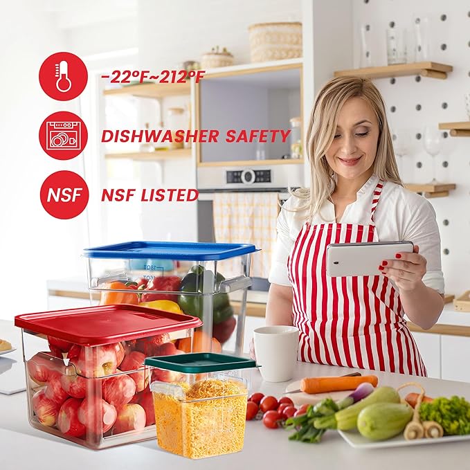 BIEAMA 4 Pack Food Storage Containers, 6 Quart with Lids, Square Commercial Containers with Scale, NSF, Polycarbonate, Clear