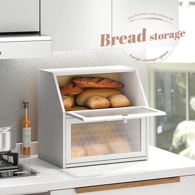 STDDRE Bread Box for Kitchen Countertop Bin Double Layer Bread Box Storage Container Extra Large Capacity with Diamond Pattern Windows (White, Extra Large)