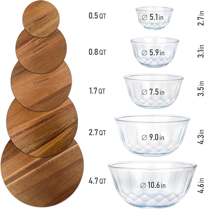 dokaworld Large Stackable Set of 5 Nesting Glass Bowls with Acacia Lids for Foodprep, Storage, Baking, Sourdough Mixing & Cooking. Microwave & Oven Safe Heat Resistant Inert Borosilicate Glass
