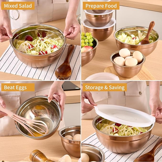 Onlycooker Rose Gold Mixing Bowls With Airtight Lids,Stainless Steel Bowl,Salad Bowls 7 Piece Colorful Nesting Bowl Rose Gold Kitchen Accessories,Size 7,3.6,2.7,2.1,1.5,1.1,0.8QT Stackable Design