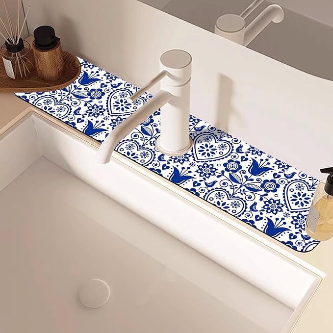 Vintage Bird Heart Floral Dish Drying Mat for Kitchen Sink Navy Blue Sink Splash Guard Faucet Mat Draining Mat Fast Drying Sink Protectors for Kitchen and Bathroom 5.5"×24"