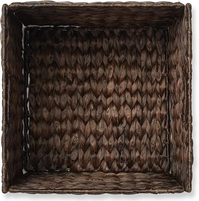 Casafield 13" x 13" Water Hyacinth Storage Baskets, Espresso - Set of 6 Collapsible Cube Organizers, Woven Bins for Bathroom, Bedroom, Laundry, Pantry, Shelves