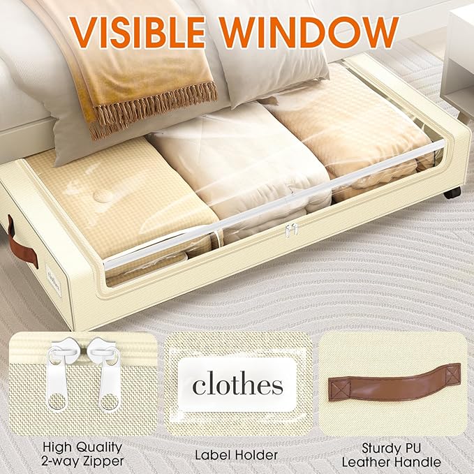 Under Bed Storage with Wheels 3Pack Underbed Storage with Clear Window&Label Under Bed Drawers Large Capacity Rolling Under Bed Storage for Clothes,Shoes, Blankets (Beige)