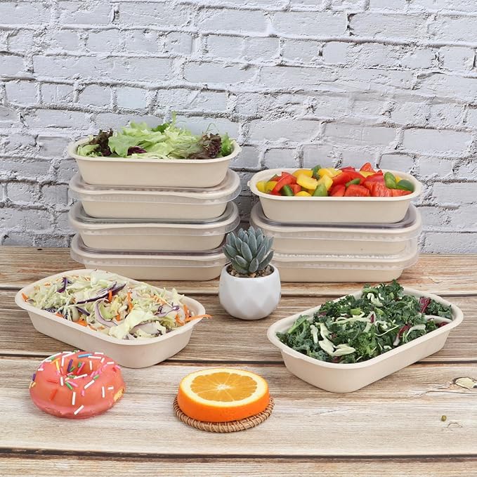 JAYEEY 17 oz Disposable salad bowls with lids, Sugarcane Fiber Paper Bowls take away Bagasse food containers meal prep deli container 50 Pack