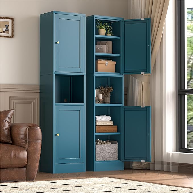 YAUWOH 2-Door Metal Storage Cabinet, Tall Slim Pantry Organizer with 3 Adjustable Shelves (120LBS/Shelf), Anti-Tipping Waterproof Cabinet for Bathroom/Kitchen/Home Office/Small Spaces,(1PC,Blue)