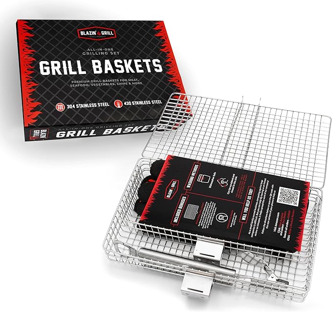 Blazin' Grill Grill Baskets for Outdoor Grill | 2 Grilling Baskets with Detachable Handle | Barbecue Grill Set with BBQ Gloves | Portable Camping Net Rack Perfect for Vegetables, Seafood & Meat