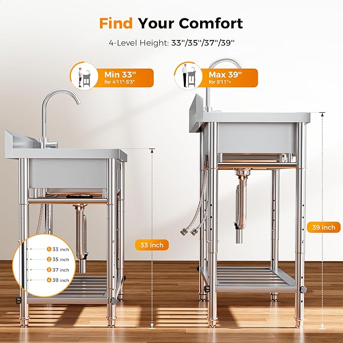 4-Height Adjustable 39" Utility Sink 18/8 Stainless Steel, 400lb Capacity & Storage Drawer, Freestanding Laundry Sink Workstation for Garage, Kitchen, RV, Basement