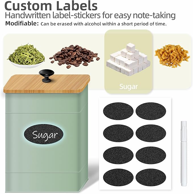 Canisters Sets for the Kitchen Set of 4, Metal Sugar Flour Coffee Storage Containers for Countertop with Airtight Lids, Customizable Chalkboard Labels & Marker Pen, Storage Jars Canisters - Sage Green